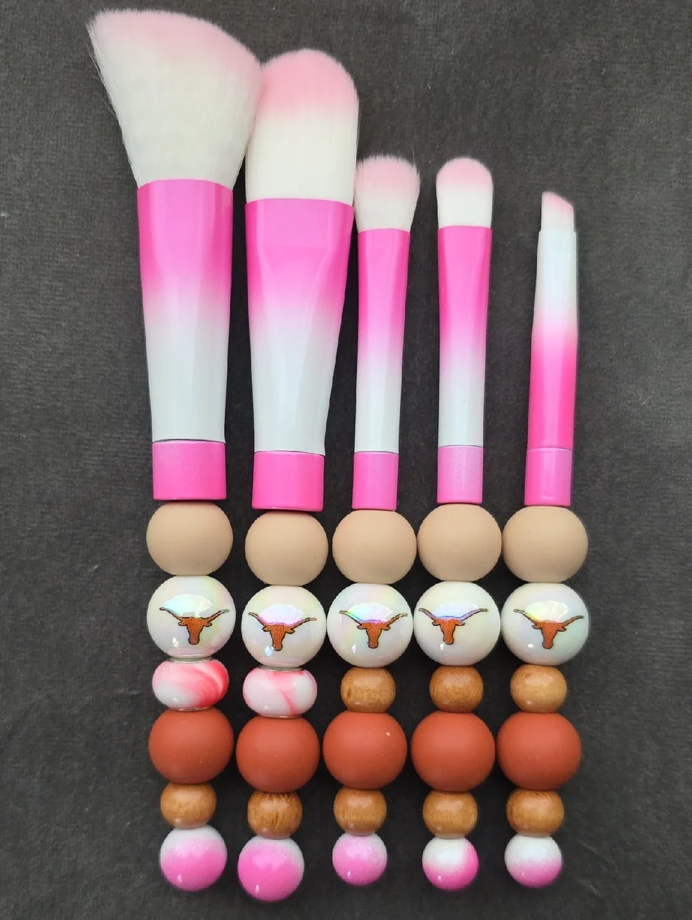 Handcrafted Longhorn Collegiate Beaded Makeup Brush Set- NIP - Picture 3 of 4